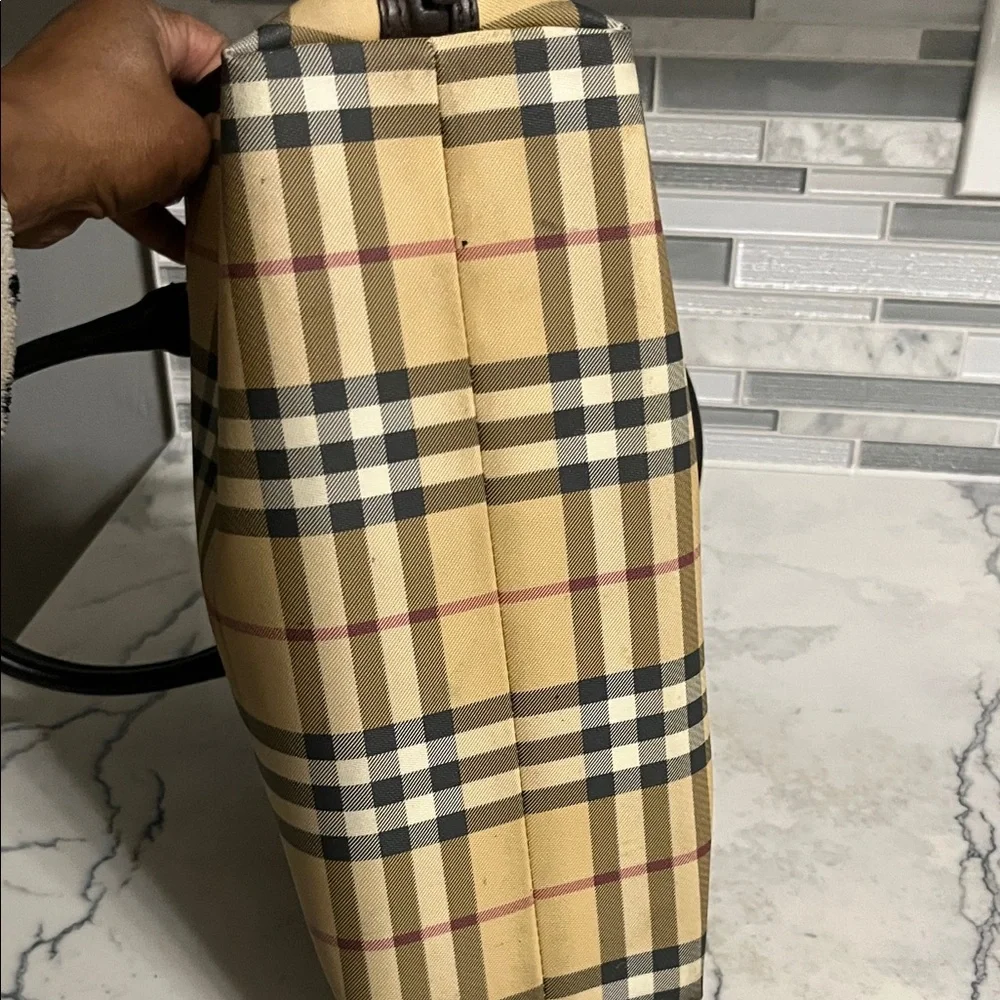 Classic Plaid Dome Satchel Handbag - Beige/Tan with Dark Brown Trim - Picture 9 of 11